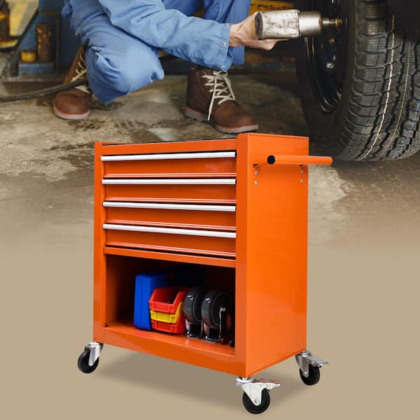 13 in. 4 Drawers Multifunctional Tool Chests With Wheels Orange Steel Tools and Tool Organizers Tool Cabinets Orange