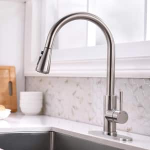 Modern Single-Handle Pull-Down Sprayer Kitchen Faucet with Lead-free in Stainless Steel Brushed Nickel Silver