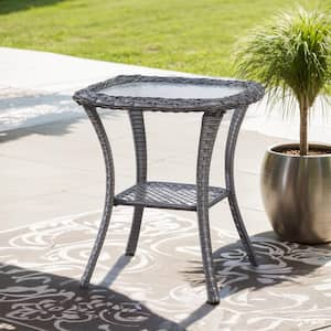 Gray Square Wicker Outdoor Side Table with Tempered Glass Top