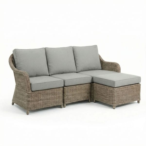 Lily Pond Weathered Gray 3-Piece Indoor-Outdoor Wicker Patio Conversation Modula Seating set w/ All-Weather Cushions