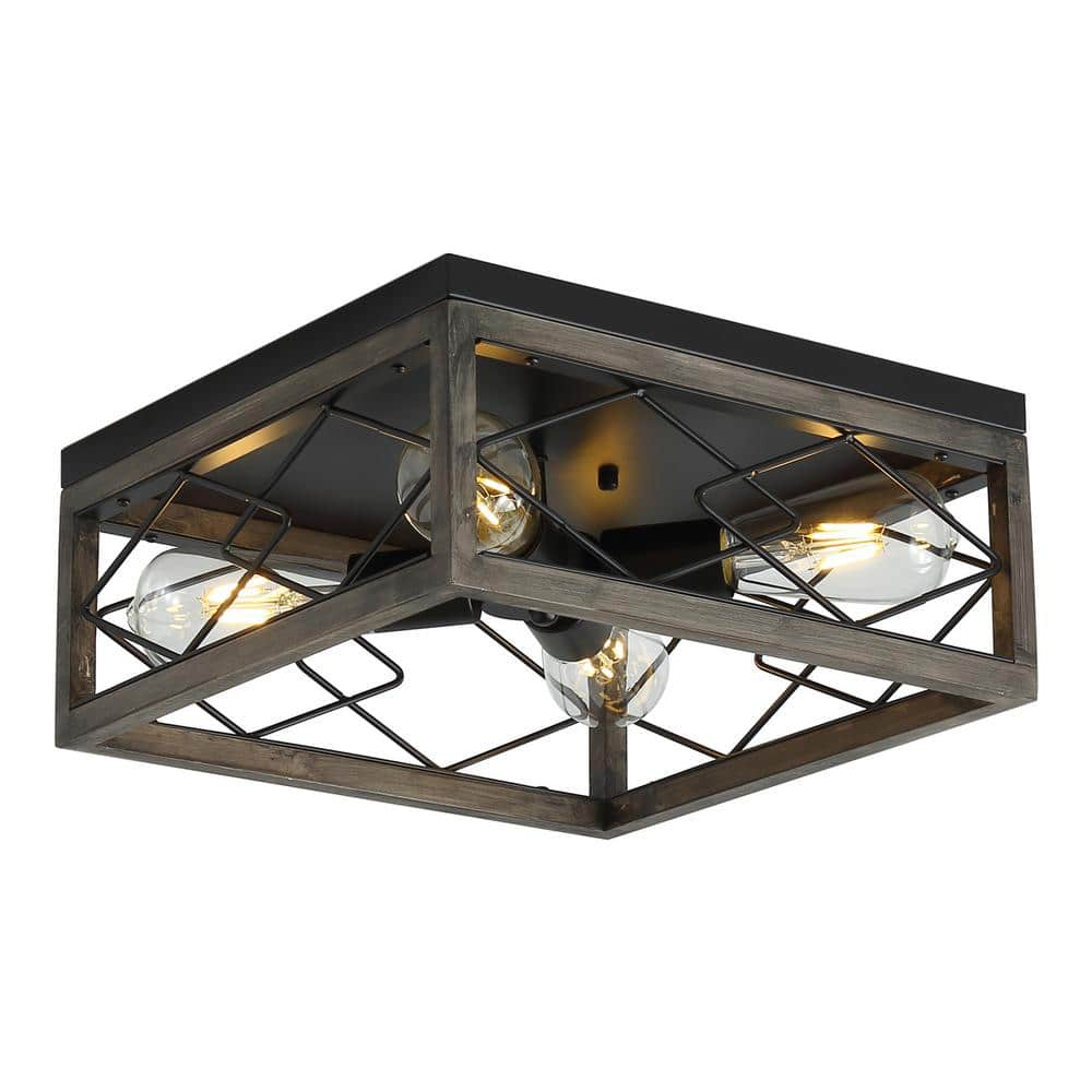 aiwen 13.4 in. 4-Light Black Farmhouse Caged Square Flush Mount ...