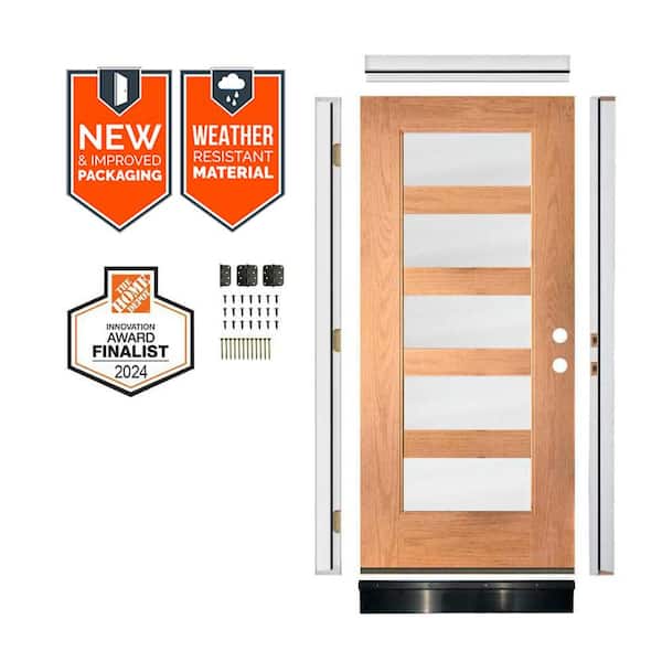 36in.x79in. Modern 5-Lite Frosted Glass LH Teak Stain Fiberglass AssemblyRequired Front Door Kit w/Quick Assemble Jamb