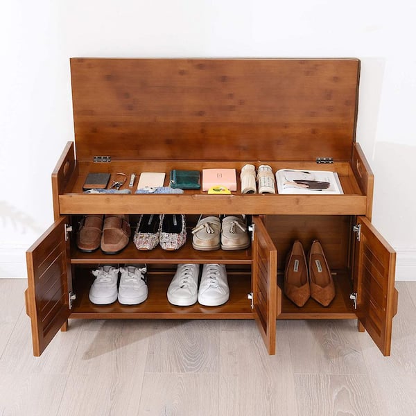 Shoe Storage Cabinet with 3 Doors and Cushioned Bench, Entryway Organizer with Hidden Top Storage and Boots Sectio