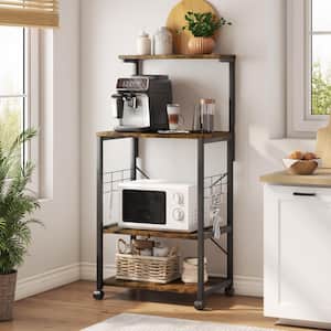 Rustic Brown 4-Shelf Wood 23.6 in. Kitchen Baker's Rack with Microwave Oven Stand, Sliding Shelve, Wheels and Hooks