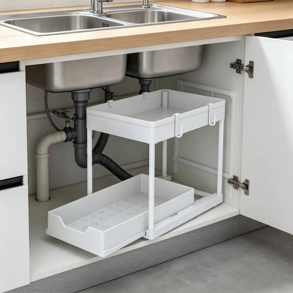 Under Sink Organizer, 2 Tier Sliding Drawer Storage Rack, Rust Proof White Organizer for Kitchen Bathroom Cabinet 1 Pack