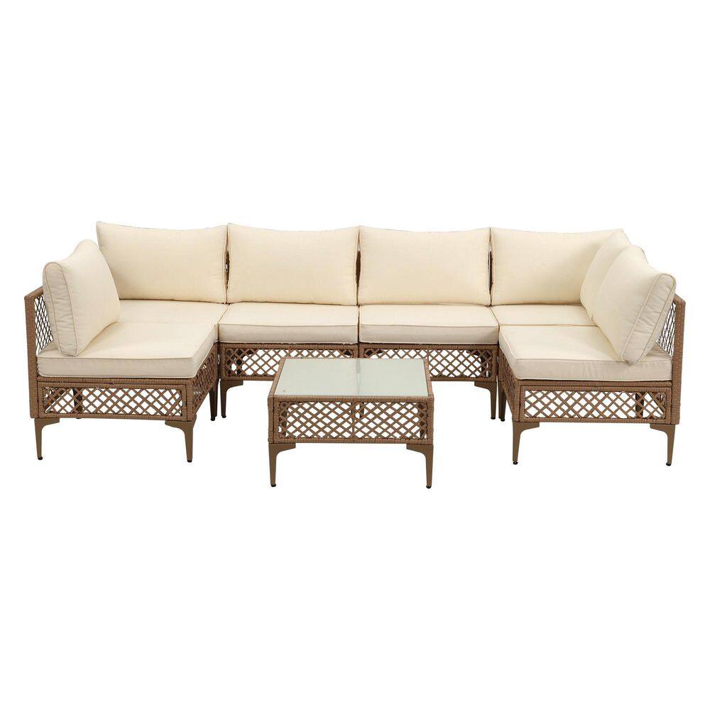Brown 7-Piece Wicker Outdoor Patio Conversation Set with Beige Washable Cushions and Coffee Table price history on PriceWatchPro