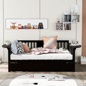Espresso Full Size Daybed with Twin Size Trundle, Daybed Frames with Small Foldable Table, No Box Spring Required