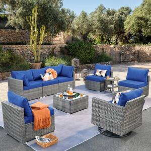 Daffodil F Gray 9-Piece Wicker Outdoor Patio Conversation Set with a Swivel Rocking Chair and Navy Blue Cushions