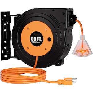 Retractable Extension Cord 50 ft. Reel 14/3 Power Cord 3 Grounded Outlets Indoor/Outdoor Lighted Triple Tap Wall Orange