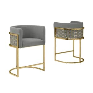 Evan 29 in. Dark Grey Low Back Gold Metal Frame Bar Stool With Teddy Fabric Set of 2