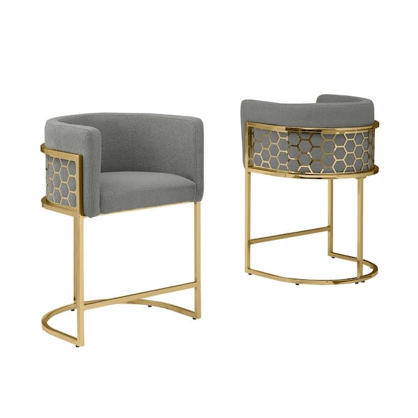 Best Quality Furniture Evan 29 in. Dark Grey Low Back Gold Metal Frame Bar Stool With Teddy Fabric Set of 2