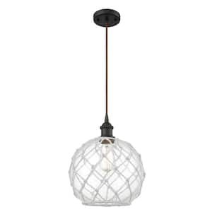 Farmhouse Rope 1-Light Oil Rubbed Bronze Globe Pendant Light with Clear Glass with White Rope Glass and Rope Shade