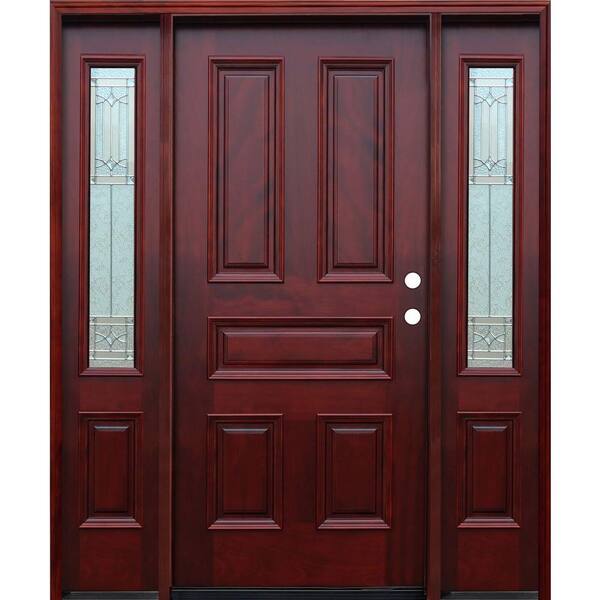 Pacific Entries 66 in. x 80 in. Classic Diablo Traditional 5-Panel Stained Mahogany Wood Prehung Front Door with 12 in. Sidelites