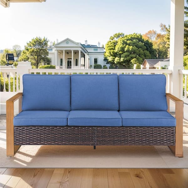 CubeEdge 3-Seat Brown PE Wicker Outdoor Couch with Olefin Blue Cushions Patio Sofa Set