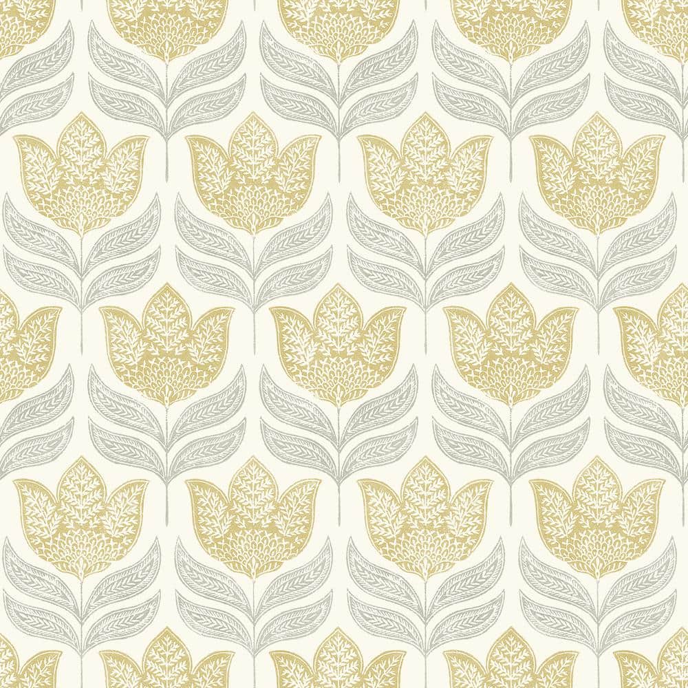 Mustard and Grey Tulip Block Print Wallpaper, 20.5-in by 33-ft
