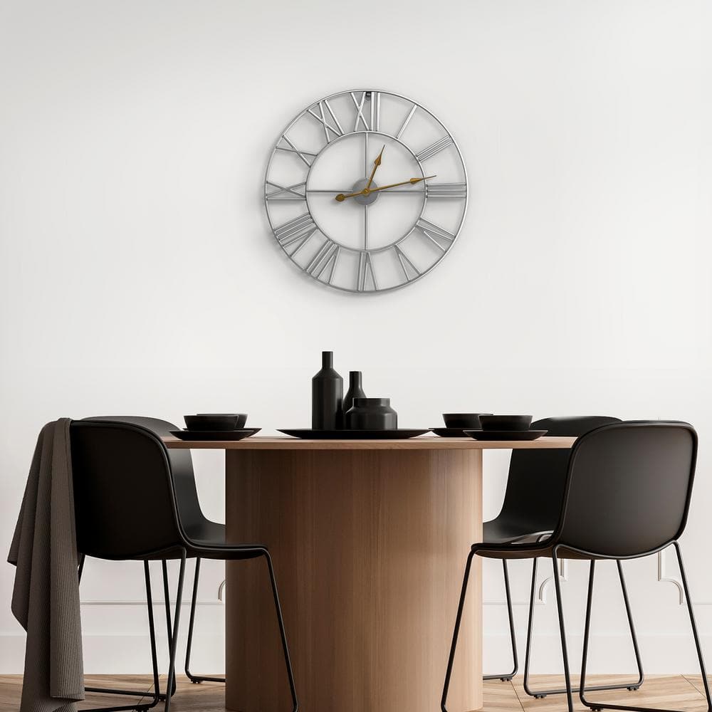 Oversized Silver Metal Roman Numeral Wall Clock
