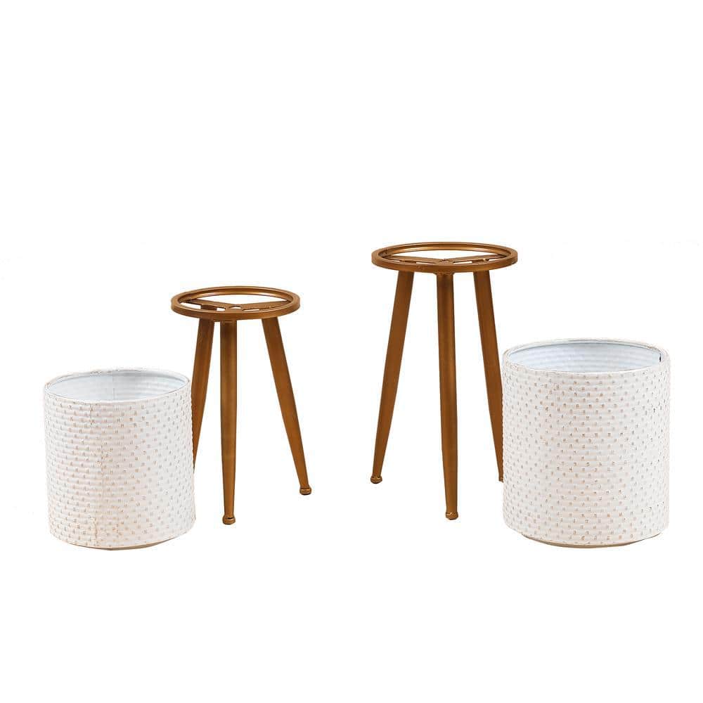 Distressed White and Bronze Dimpled Metal Planter Set with Tripod Stand