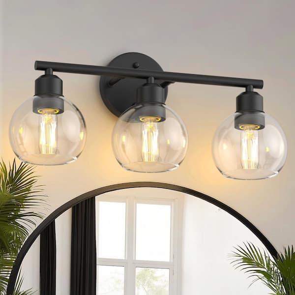 18 in. Industrial 3-Light Matte Black Farmhouse Vanity Light with Glass Shades for Bathroom