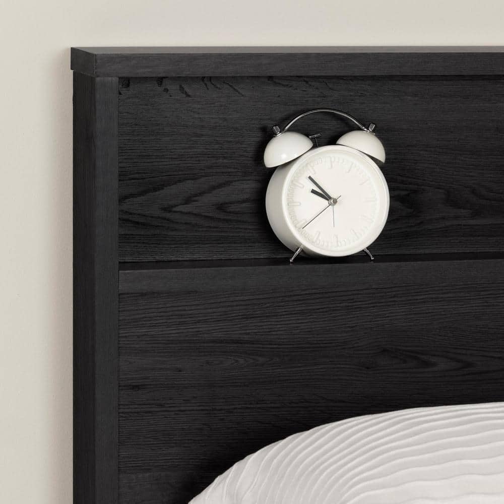 Gray Oak Queen Platform Bed with Upholstered Headboard and Drawer