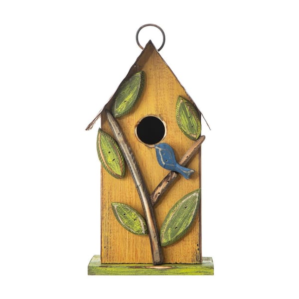 Glitzhome 9.75 in. H Distressed Solid Wood Birdhouse with Leaves