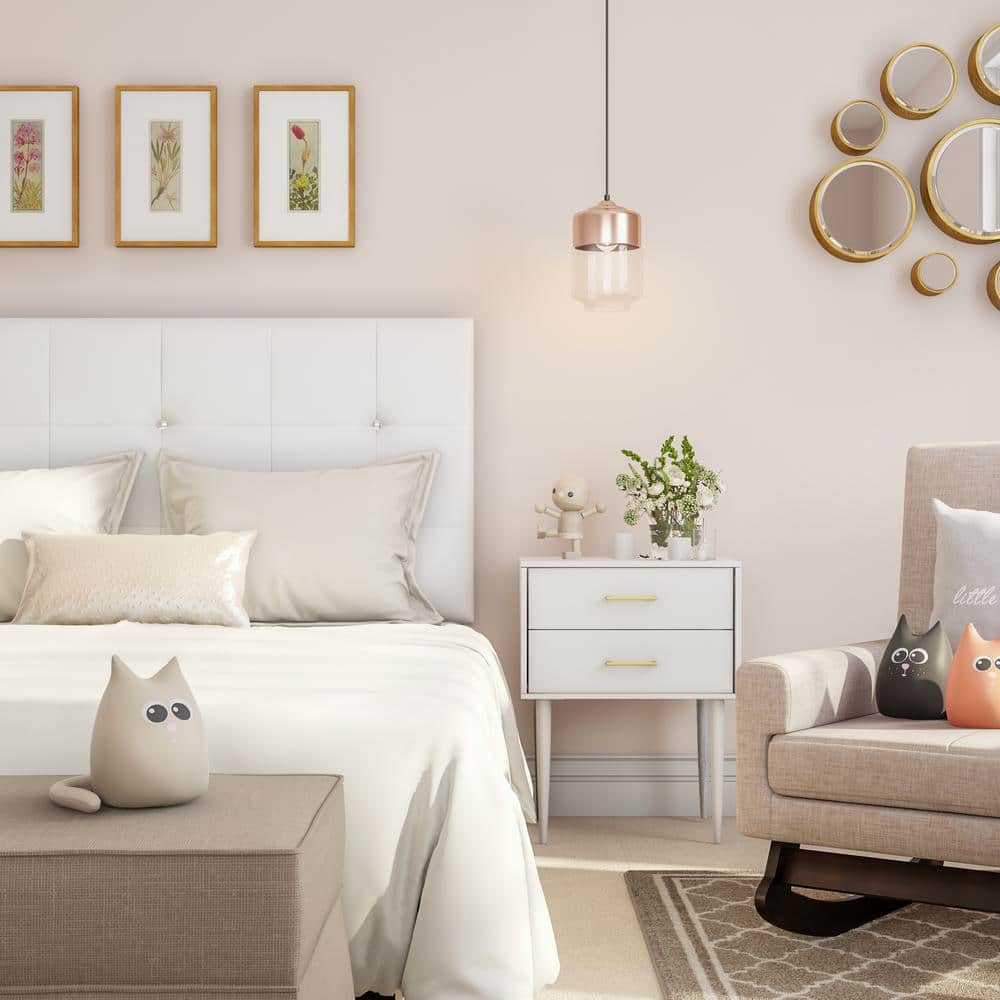 White Faux Leather Tufted Queen Headboard with Crystal Buttons