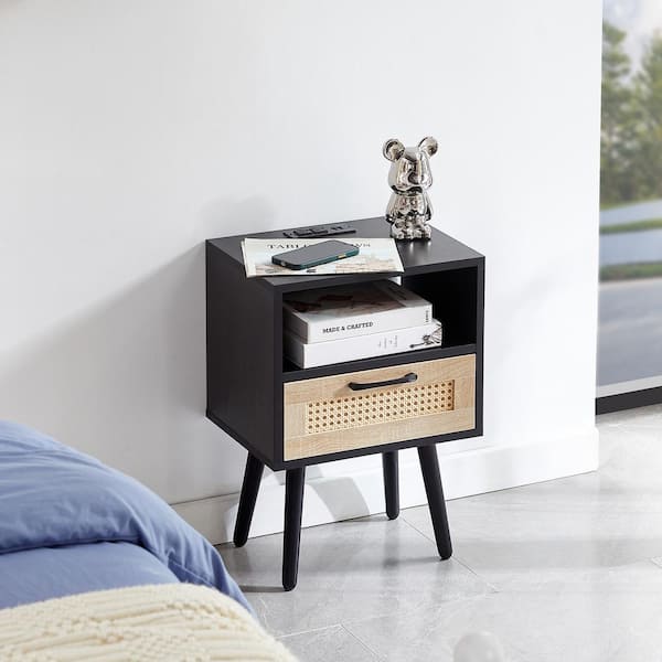 CSC DECOR INC Modern Black 1-Drawer Wood Nightstands with Power Outlet and USB Ports (15.75 in. D x 11.81 in. W x 22.05 in. H)