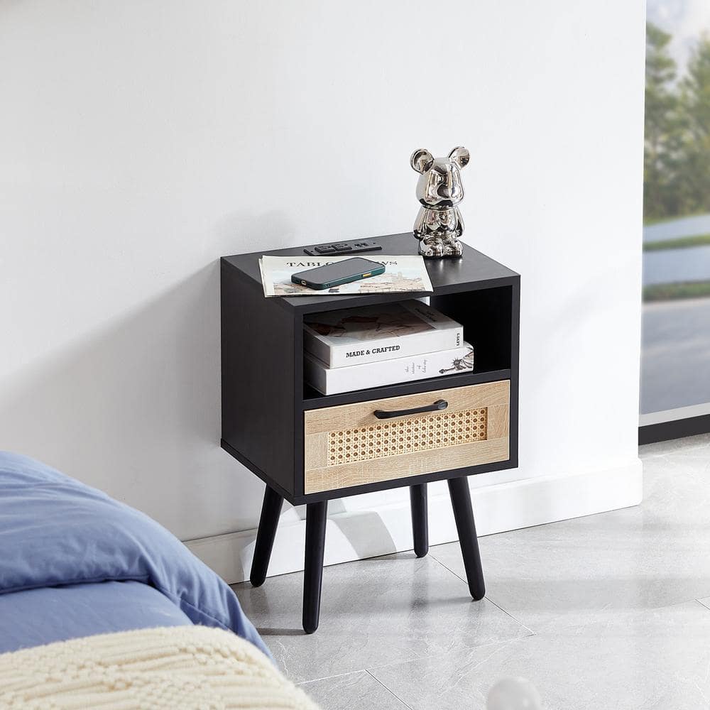 Modern Black 1-Drawer Wood Nightstands with Power Outlet and USB Ports (15.75 in. D x 11.81 in. W x 22.05 in. H)