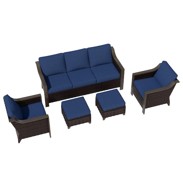5-Piece Wicker Outdoor Patio Furniture Patio Conversation Set with Blue Cushions