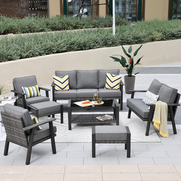 Toject Geneva Grey 7-Piece 7-Seat Wicker Metal Outdoor Patio Conversation Sofa Seating Set with Dark Grey Cushions