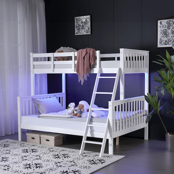 White Twin Over Full Size Bunk Bed with 15 in. Extra Tall Guardrail, LED Light, Charging Station