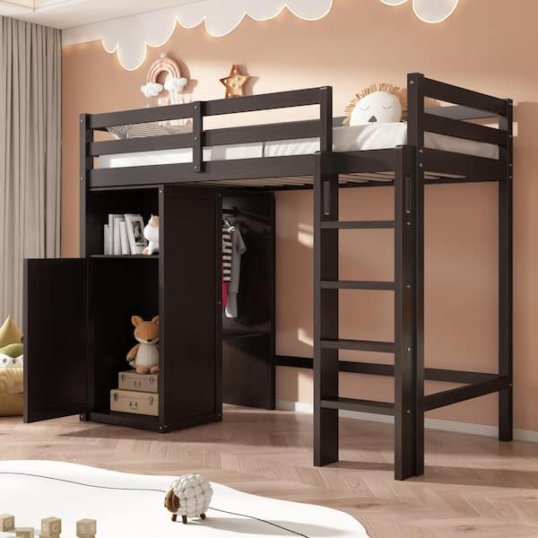 Harper & Bright Designs Espresso Wood Frame Twin Size Loft Bed with Wardrobe, Cabinet, Storage Shelves