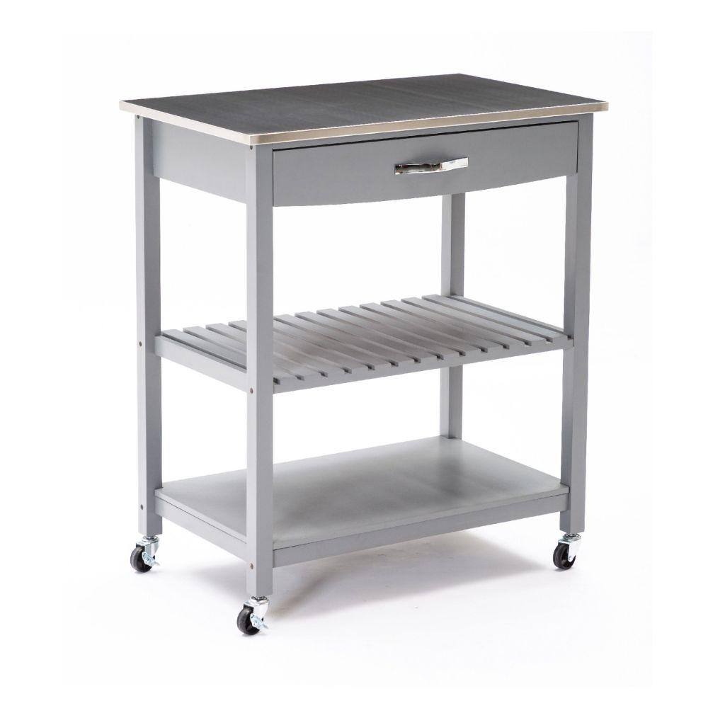 Benjara Gray Lock Casters 2Tier Shelf Steel Top Kitchen Cart Island