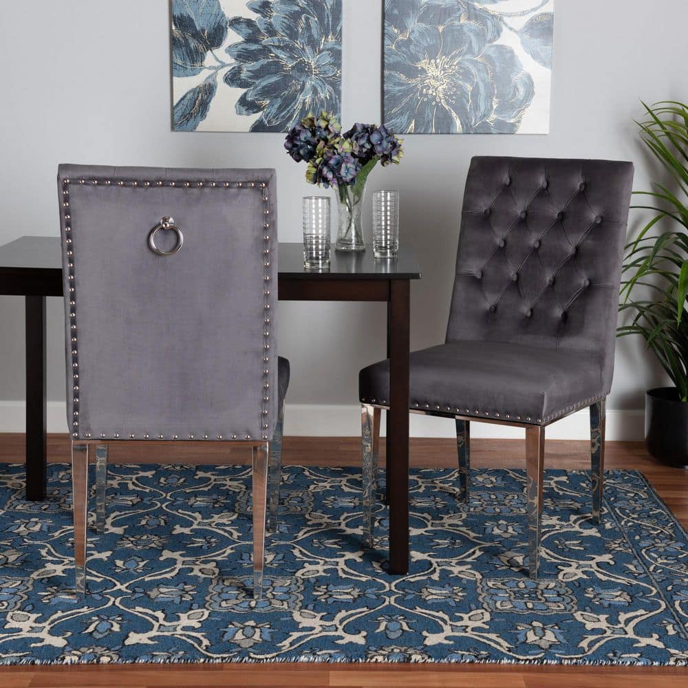 Caspera Gray Velvet and Silver Metal Dining Chair Set