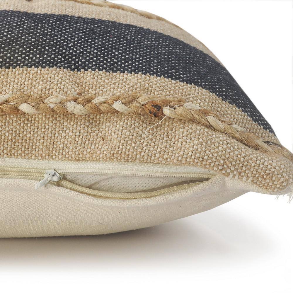 Coastal Denim and Tan Striped Lumbar Pillow with Jute Braiding