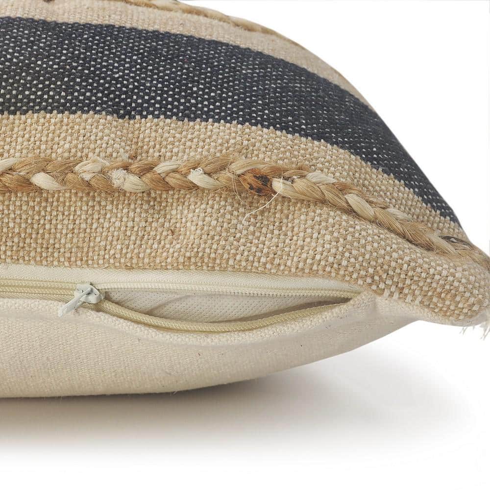 Denim and Tan Coastal Striped Jute Throw Pillow, 20" Square