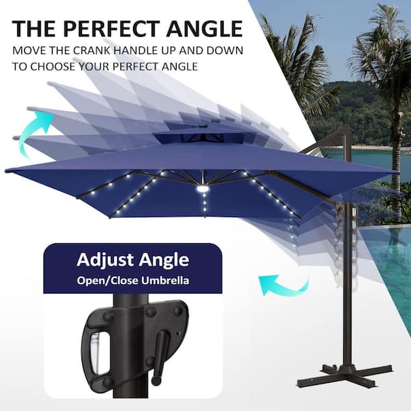 10 ft. x 13 ft. Heavy Duty Cantilever Tiltable 360° Rotation Solar LED Lighted Patio Umbrella in Navy and Umbrella Base