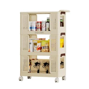 3 Tier Multifunction Rolling Kitchen Cart Utility Storage with Lockable Wheels, Cream Color