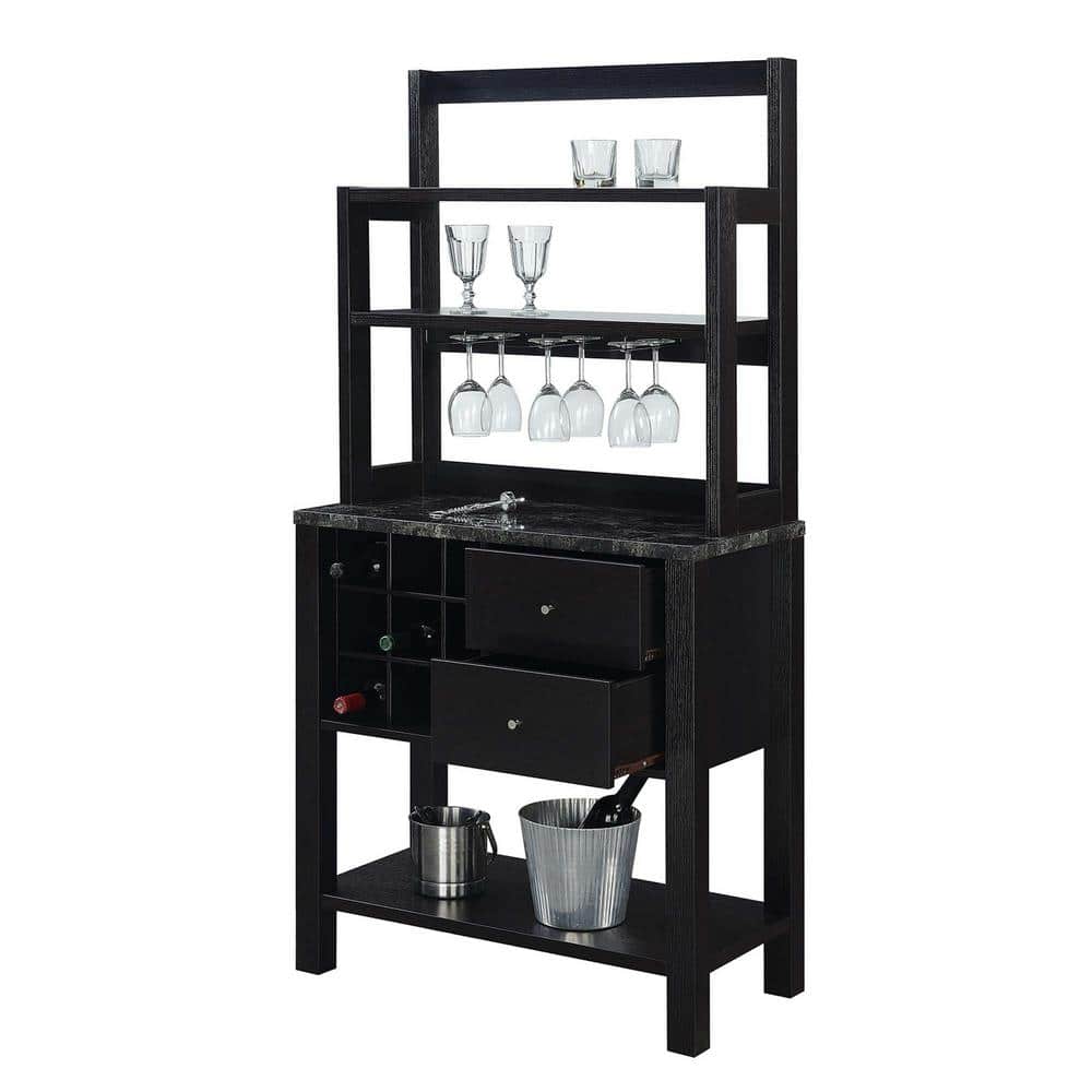 Newport Black Faux Marble Serving Bar with Storage