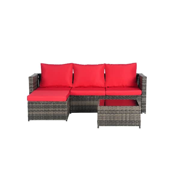 Unbranded 4-People Wicker L-Shaped Outdoor Sectional Set with Red Cushions, Ottoman