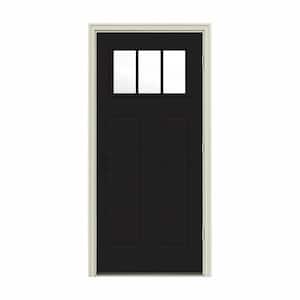 30 in. x 80 in. 3 Lite Craftsman Black Painted Steel Prehung Left-Hand Outswing Front Door w/Brickmould