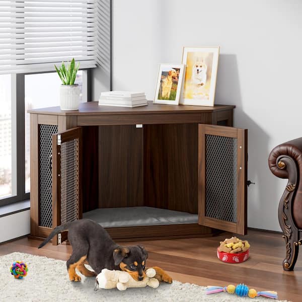 FUFU&GAGA Walnut Wooden Dog Kennel with Cushion, Corner Dog Crate, Indoor Dog Crate Cage for Small Medium Dogs for Limited Room