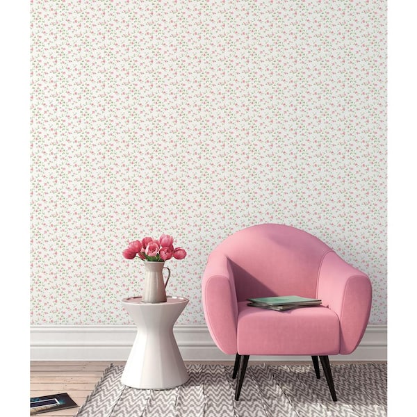 Miniatures 2-Pink/Green/White Miniature Rose Trellis Design Matte Finish Non-Pasted Vinyl on Non-Woven Wallpaper Roll