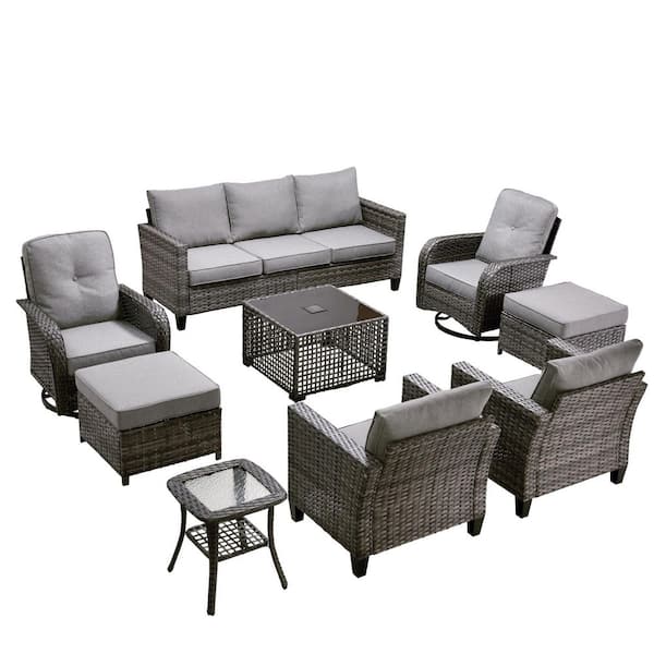 New Vultros Gray 9-Piece Wicker Patio Conversation Set with Dark Gray Cushions and Solar LED Coffee Table