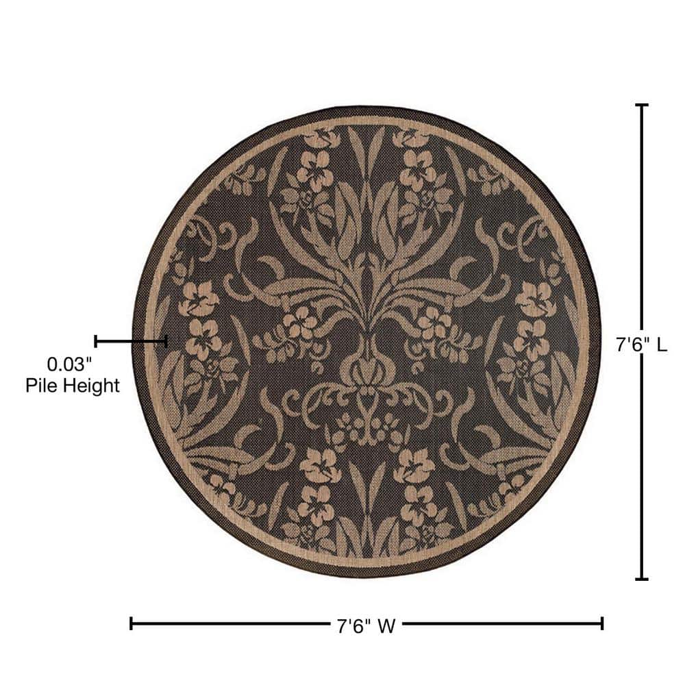 Black and Cocoa Round Stain-Resistant Synthetic Rug, 7'6"