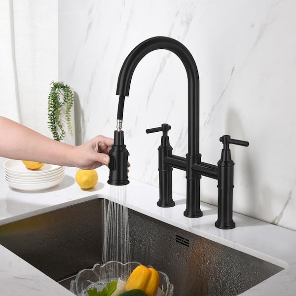 Bridge Double Handle Brass Gooseneck Pull Down Sprayer Kitchen Faucet in Matte Black