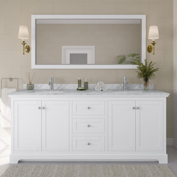 Avery 80 in. W x 22 in. D Bathroom Vanity in White with Marble Vanity Top in White Carrara with White Basins