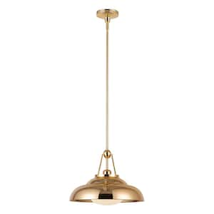 Palmetto 14 in. 1 Light 60-Watt Polished Brass/Glossy Opal Pendant Light