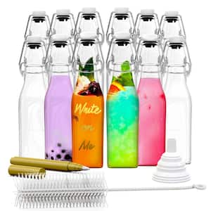 12-Pack 8.5 oz. Square Glass Bottles with Swing Top Stoppers, Bottle Brush, Funnel, and Gold Glass Marker