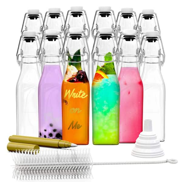 Nevlers 12-Pack 8.5 oz. Square Glass Bottles with Swing Top Stoppers, Bottle Brush, Funnel, and Gold Glass Marker