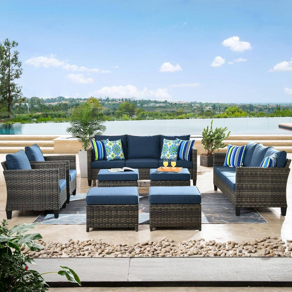 OVIOS Positano Gray 8-Piece Wicker Patio Conversation Set with Denim ...